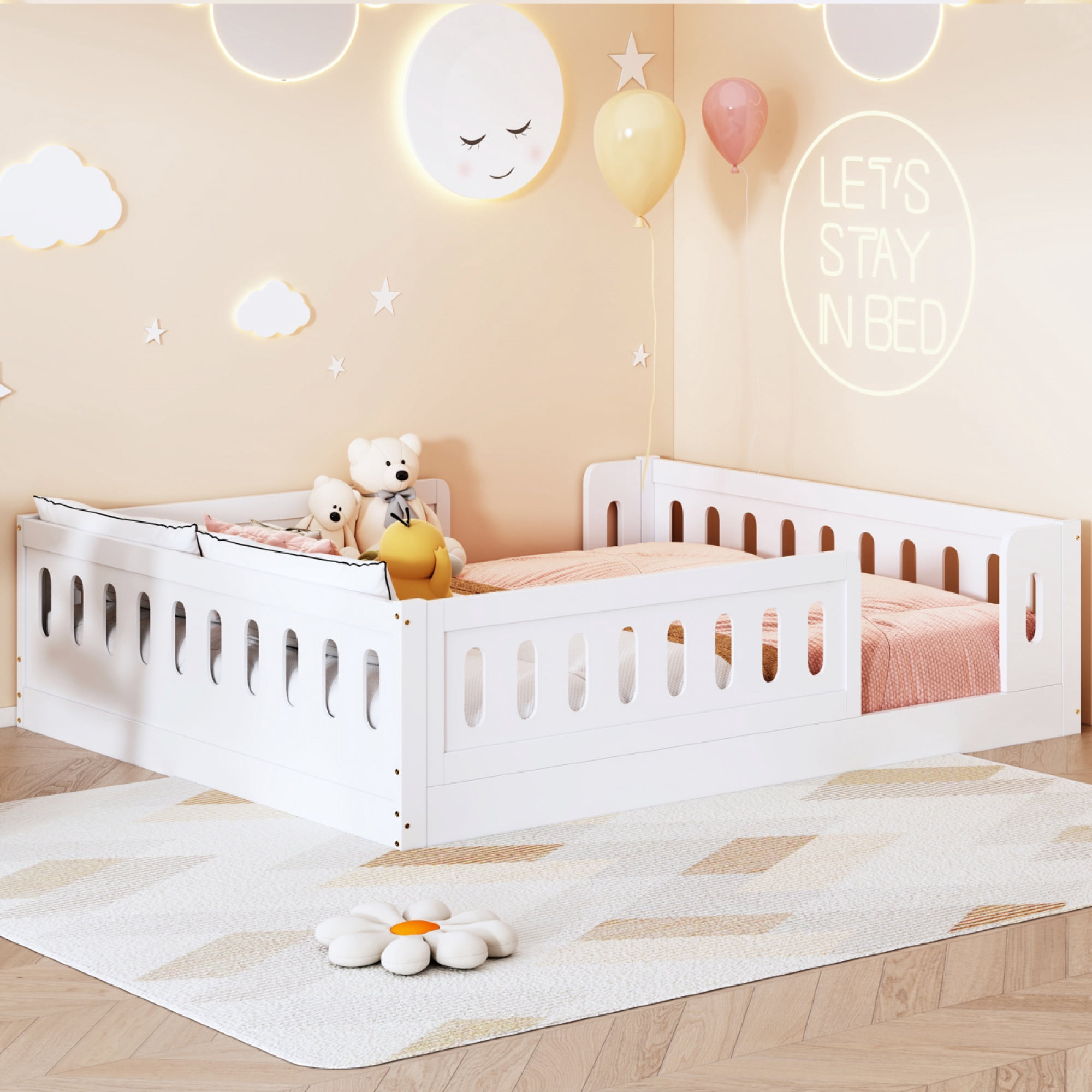 Wood Full Size Platform Bed with Guardrail for Kids Bedroom, No Box Spring Needed,White