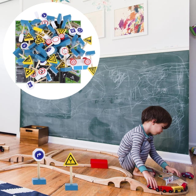 OULII 1 Set Traffic Signs Toys Building Block Wood for Child Playtime Safety Awareness Education