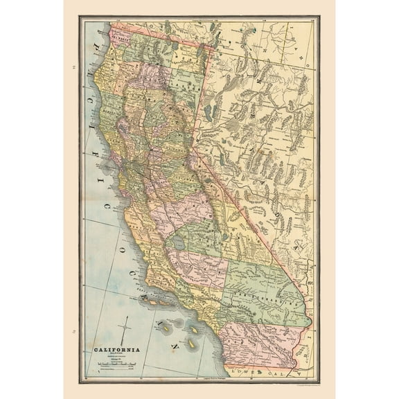 Historic State Map - California - Cram 1888 - 23 x 33.73 - Vintage Wall Art