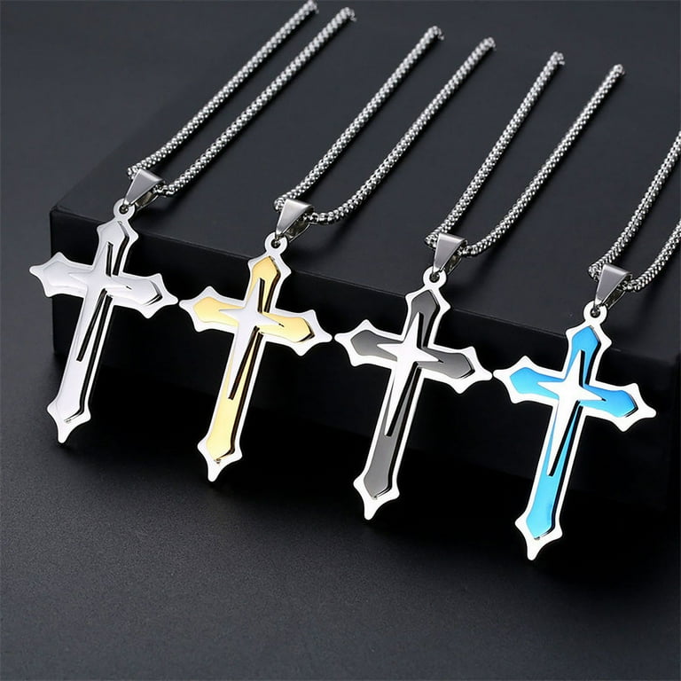 Stainless Steel Three-Layer Cross Pendant Necklace – Silver, 53x34mm, With 22\"+2\" Box Chain