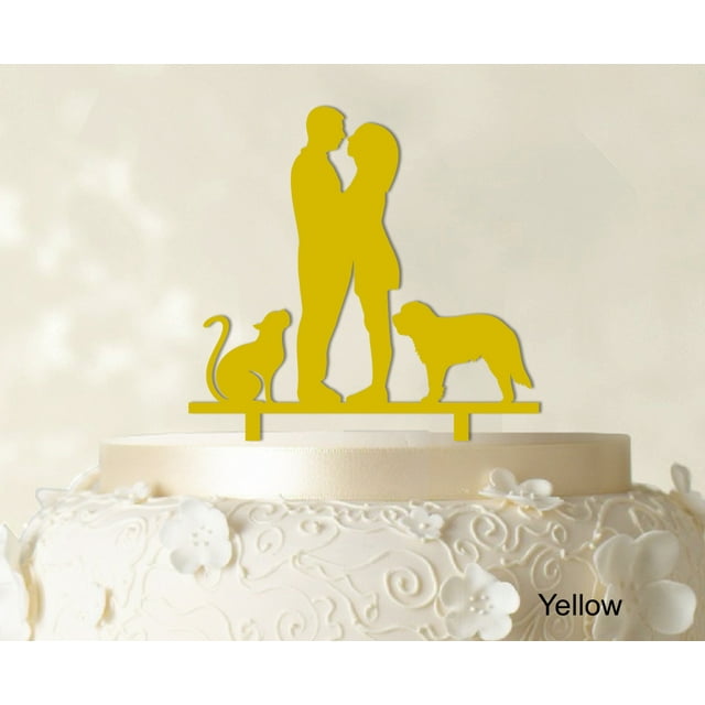 Couple Wedding Cake Topper With Pets Silhouette Wedding Topper Cake Decorations Color Option Available 6.5-7.5 Inches Wide