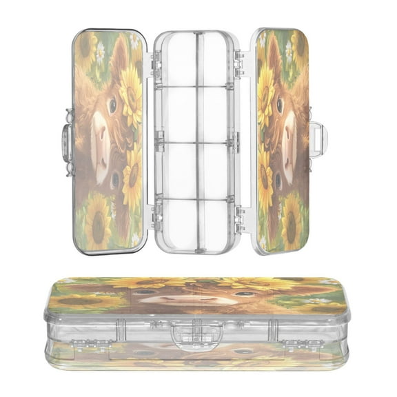 Plastic Pencil Box Large Capacity Pencil Boxes Clear Boxes with Snap-Tight Lid Stylish Office Supplies Storage Organizer Box Cute Highland Cow