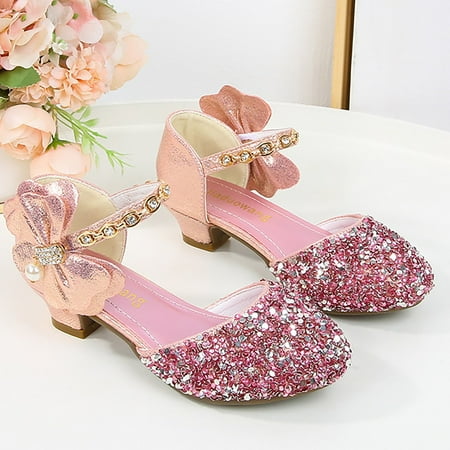 

Aayomet Girls Low Heeled Shoe Dress Shoes Rhinestone Bows Low Heel Princess Flower Wedding Leather Sandals for Girls Size 13 Pink 36