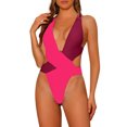 thumbnail image 1 of INSPIRAR CHIC Traje de baño de una pieza para mujer, color contrastante, escote en V profundo, espalda cruzada, bañador monokini, talla X-Small, rosa fluorescente y rojo vino, 1 of 5