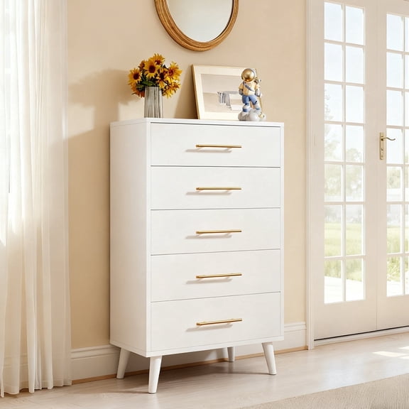 5 Drawer Wood Dressers, Modern Wood Dressers, Wide Chest of Drawers with Gold Handles for Living Room, 47.5" Height, White