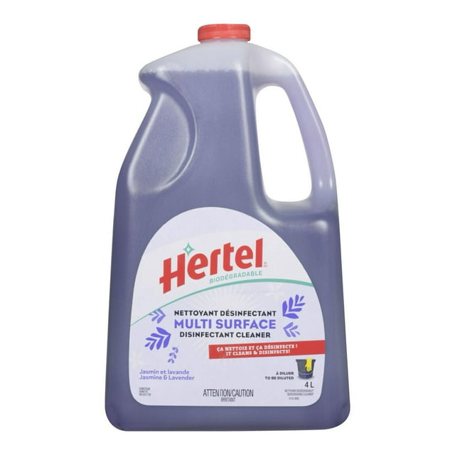 4-liter purple container of Hertel biodegradable multi-surface disinfectant cleaner scented with jasmine and lavender, designed to be diluted before use.