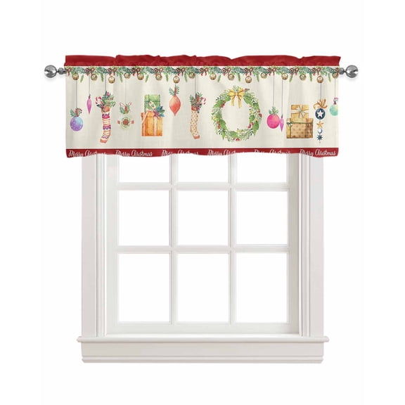 Faux Linen Valances for Windows Christmas Wreath Xmas Ball Pine Leaves Red Curtains Valance Light Filtering Rod Pocket Small Window Treatment for Kitchen Living Room Bedroom 42x12In