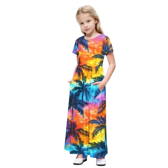 Ugoldhm Girls Short Sleeve Maxi Dress with Pockets - Printed Casual Summer Shirt Dress for 4-13 Years