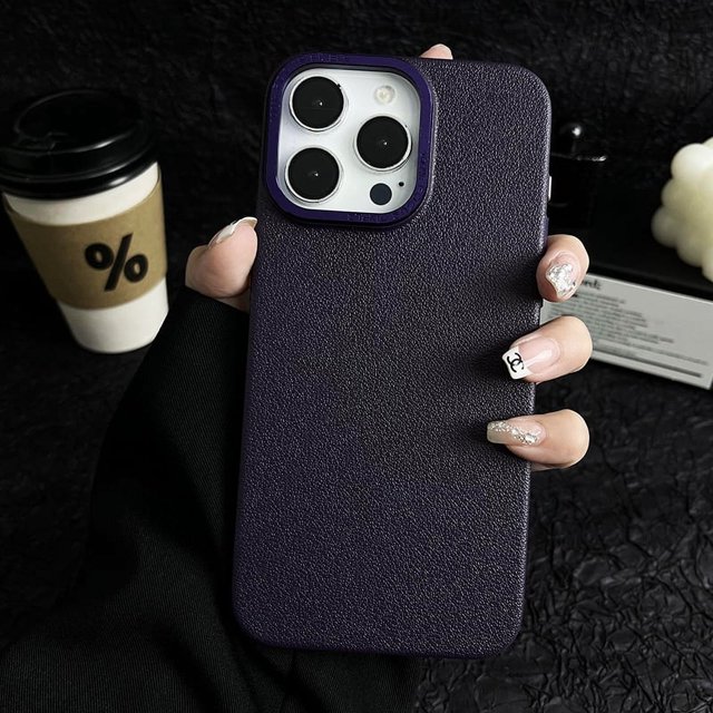 Matte Titanium gray Lichee leather pattern phone case for iPhone 16 15 14 13 12 11 Pro Max metal lens frame shockproof hard case Dark Purple For iPhone 16