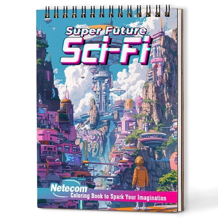 Netecom Super Future Sci-Fi Coloring Book Spiral Bound for Adults A5 Wooden Cover 30 Amazing Urban Landscapes Coloring Pages of Futuristic City for Stress Relief and Relaxation