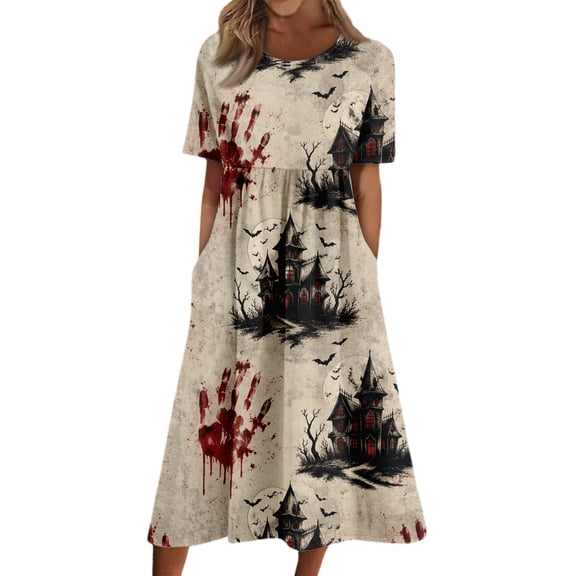Women's Halloween Print Casual Dress, Round Neck with Pockets Design , Comfortable Relaxed Fit Fabric for Everyday Wear, Halloween Themed Dress for Women Black L