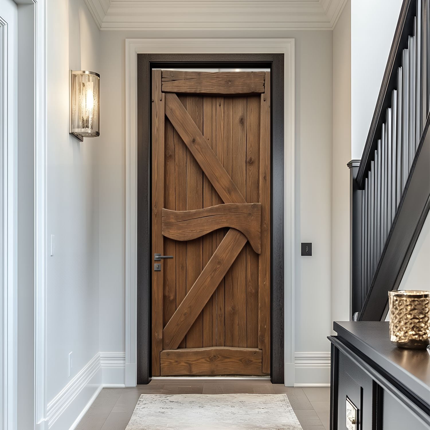 Door Stickers Peel and Stick Door Mural Rustic Wooden Barn Doors Diagonal Bracing Natural Removable Wallpaper 30.3''x78.7'' Self-Adhesive Mural for Kitchen Living Room Bedroom Decor