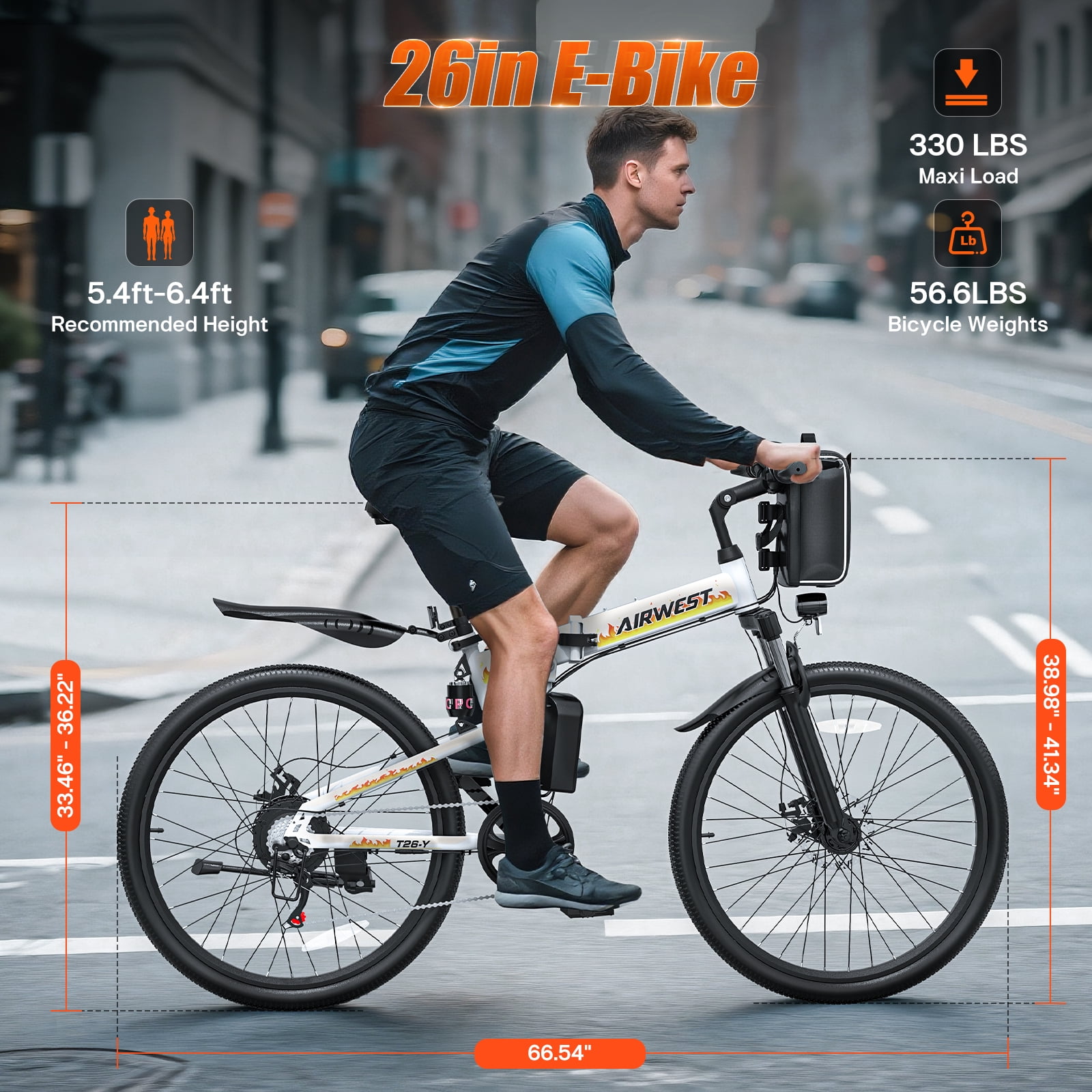 AIRWEST 26″ Folding Electric Bike – Peak 750W Motor, 48V Removable Battery, Up to 50-Mile Range, 7-Speed Gears, Front & Rear Suspension, Dual Disc Brakes – Adult Commuter/City/Off-Road E-Bike