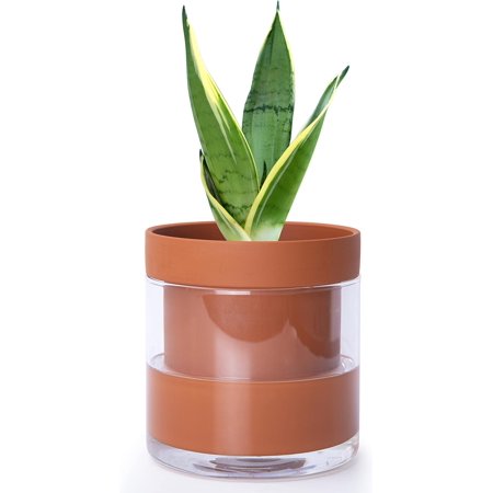 52-A-F-1 6 Inch Self Watering Planter Pot, Terracotta Clay Pot with Glass Reservoir for Indoor Plants, Herbs, Flowers, Set of 1
