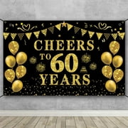 Trgowaul 60th Birthday/Anniversary/Wedding Decorations OIF8for Women Men, Cheers Banner, Black and Gold 60th Birthday Backdrop, Bday Decorations Party Banner Photography Supplies Background