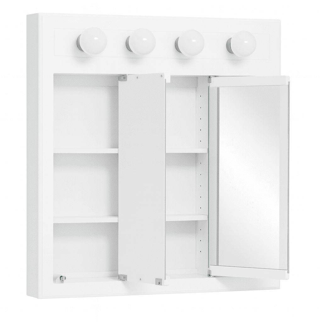 Design House 30" Wood Wall Mounted 4-Light Tri-View Mirrored Bathroom Cabinet, White