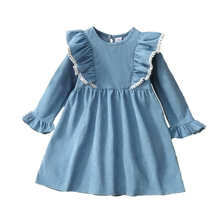 

Kucnuzki 5T Toddler Baby Girl Winter Dress Causal Dress 6T Toddler Girl Long Trumpet Sleeve Solid Color Lotus Leaf Layer Elegant Dress Blue