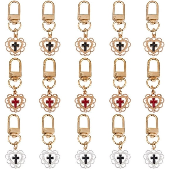 1 Box 15Pcs 3 Colors Small Cross Keychain Alloy Enamel Gold Heart Shape Charm Key Chain Crosses Hanging Pendant Keys Ring Clip Keychains for Keys Purses Bags Backpacks Handbags Accessories