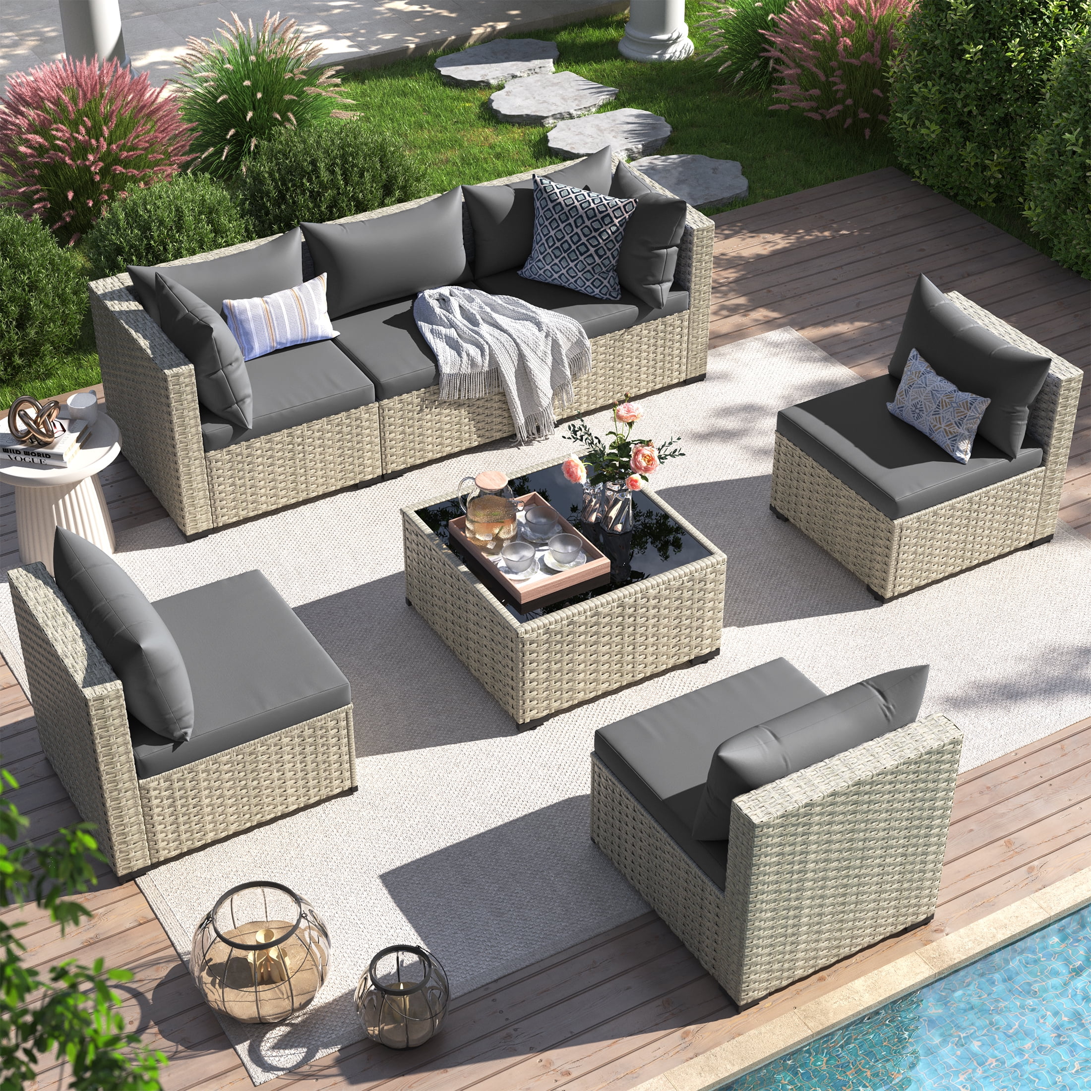 UDPATIO 7-Piece Outdoor Wicker Patio Furniture Set with Cushions for Backyard, Porch, Garden, Gray