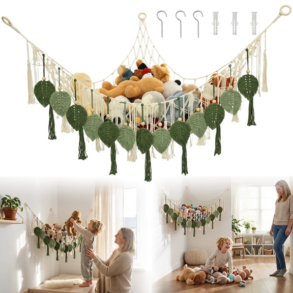 FKSZLL Stuffed Storage with Hand Woven Leaf Tassel Hammock Corner Hanging Net Macrame Plush Storage for Toy Kid Room Wall Nursery Decor for Girl Boy