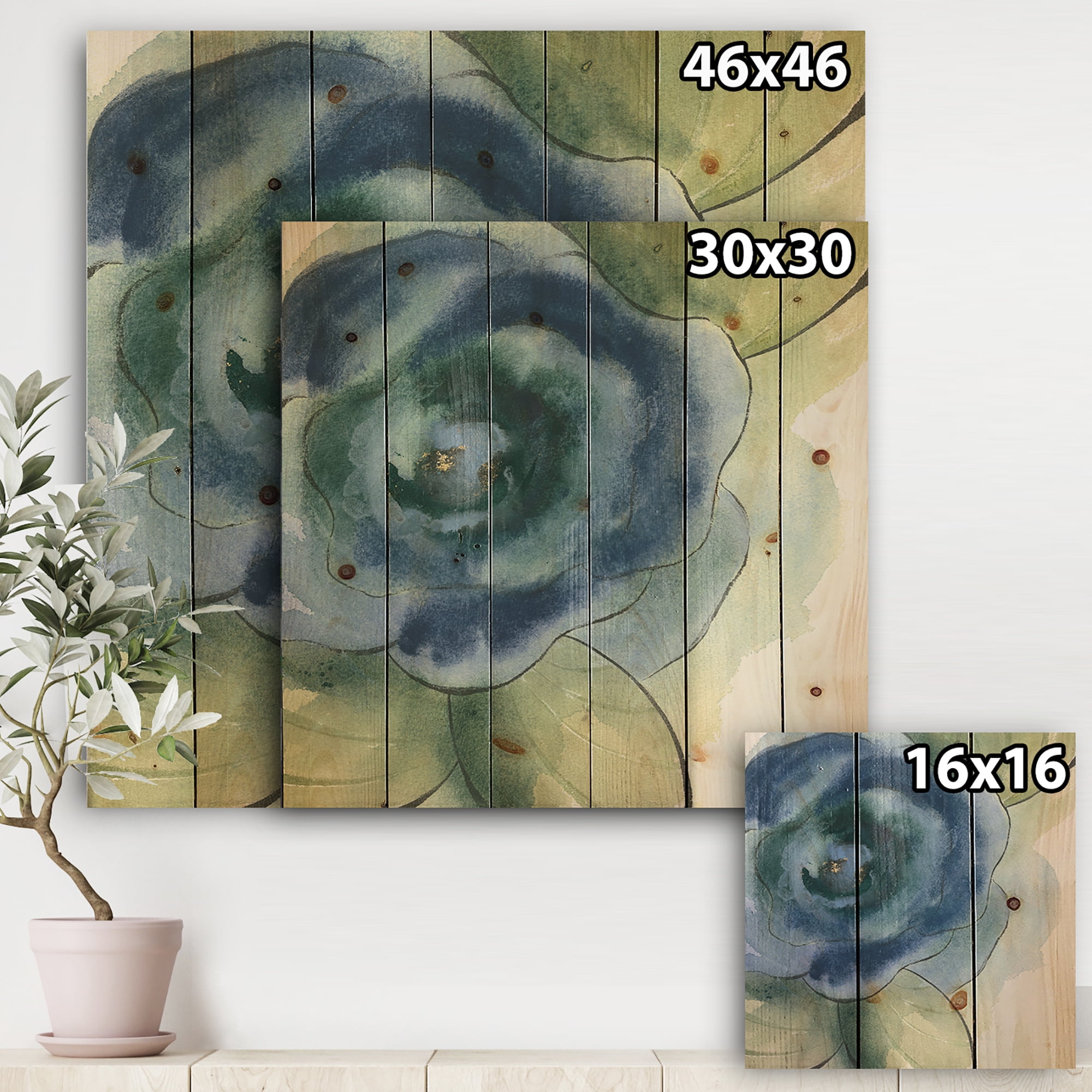 Designart 'Blue Floral Poppies IV' Cottage Print on Natural Pine Wood