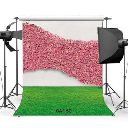 Image of ABPHOTO Polyester 5x7ft Photography Backdrops Fancy Cherry Blossom Pink Rose Flowers Grass Field Scene Seamless Newborn Baby Toddlers Lover Wedding Party Event Portraits Background Photo Studio Props