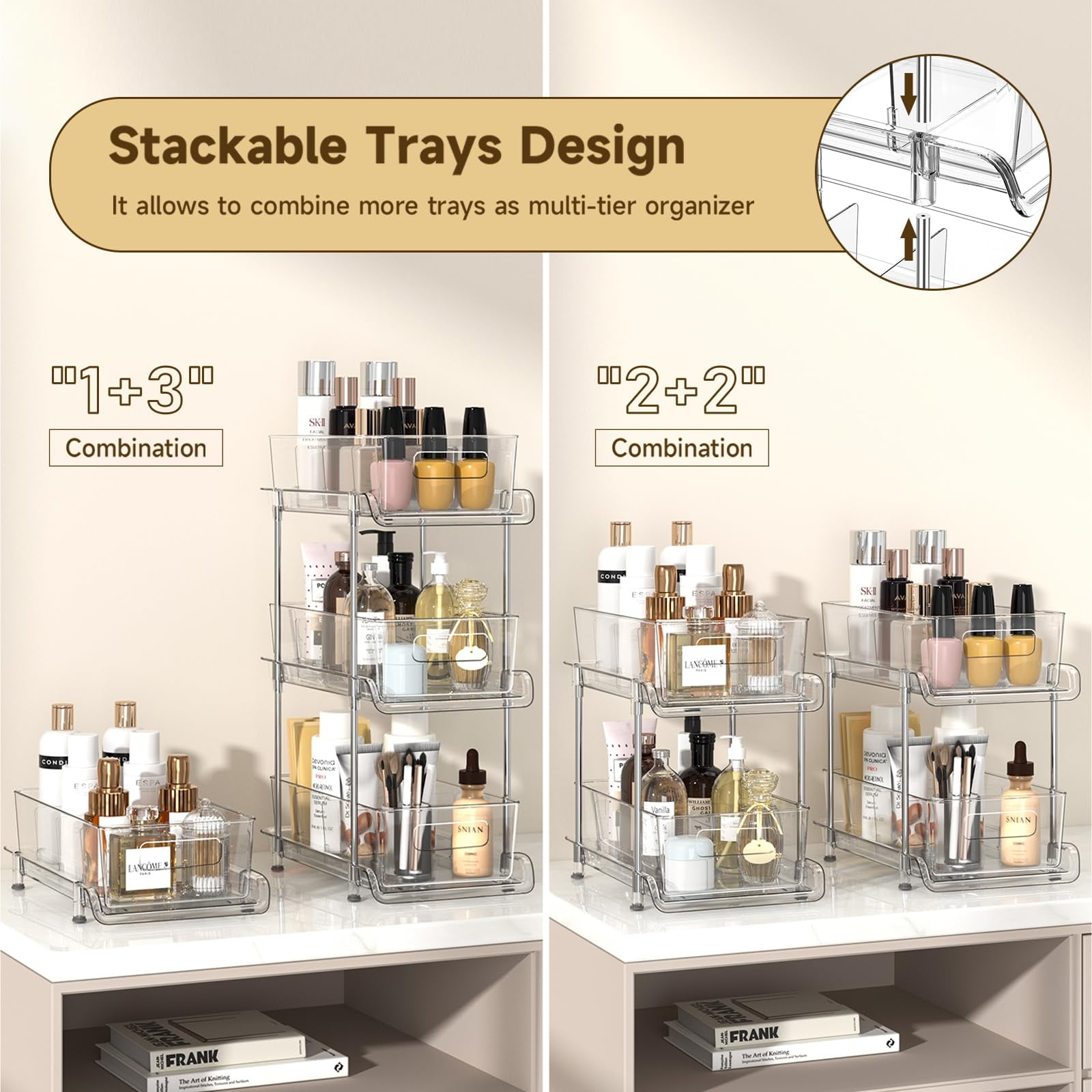 2-Tier Bathroom Organizer with Dividers, Clear Under Sink and Pull-Out Cabinet Storage for Kitchen and Pantry Organization
