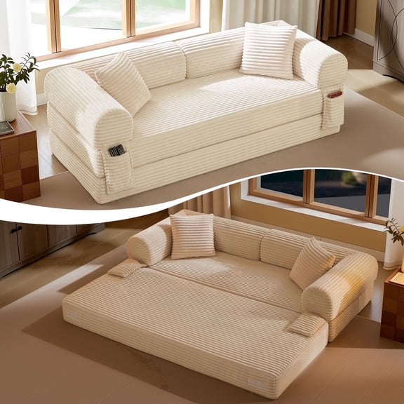 79" Corduroy Boneless Couch Bed 4-in-1 Convertible Fold Out Sleeper Sofa with Storage Pockets No Assembly Floor Couch for Bedroom
