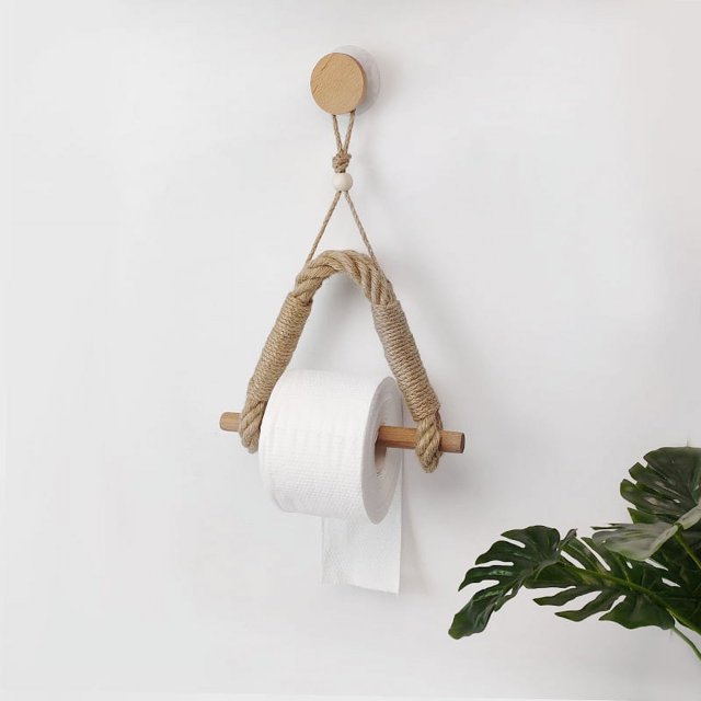 Soporte de papel higiénico de madera de cuerda, gran soporte único de papel de seda colgante de madera de ratán para pared