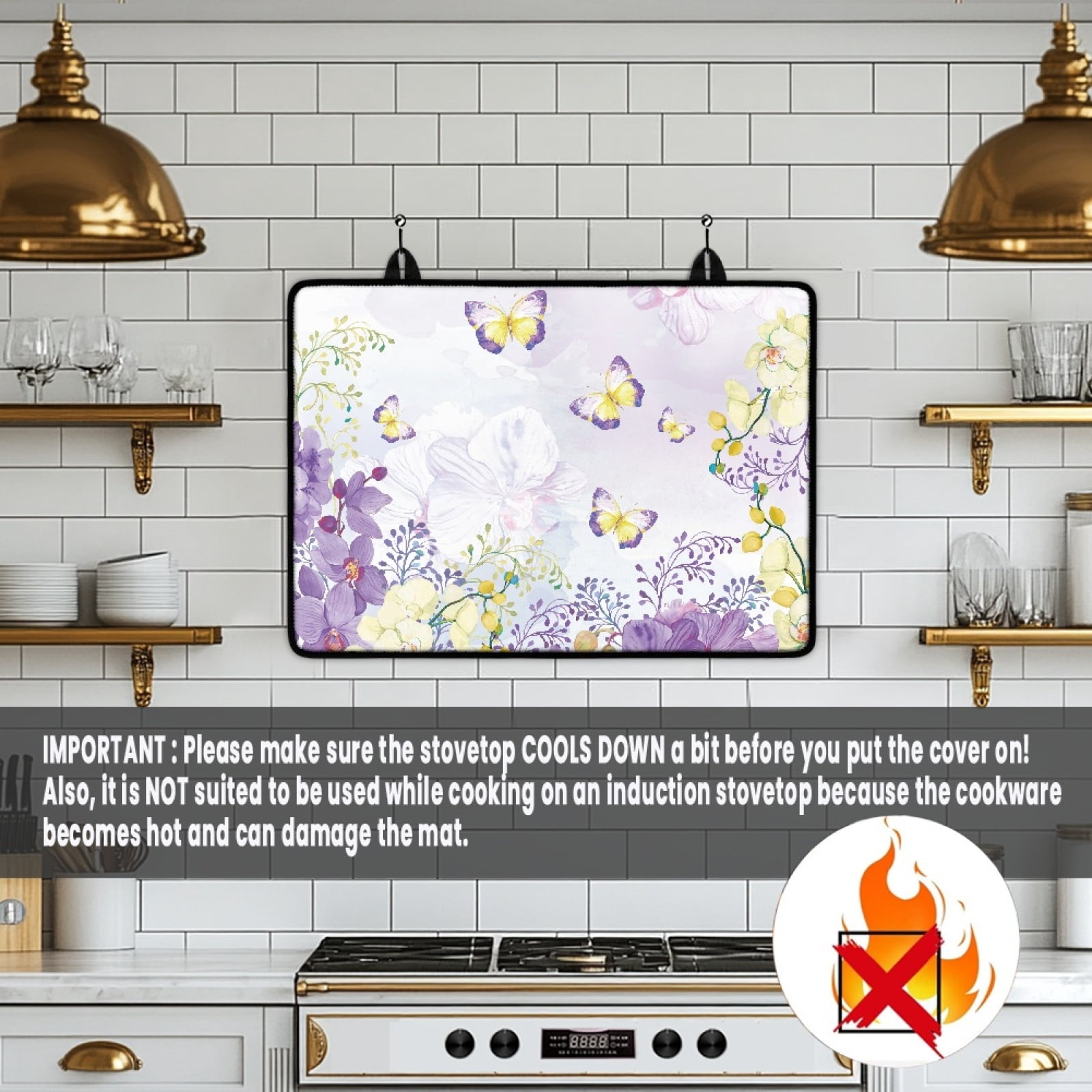 Renewold Glass Stove Top Cover Non-slip Electric Stove Top Protector Cooktop Cover for Electric Stove, Heat Resistant Foldable Range Cover, 29'' x 21'', Butterfly Flower Violet