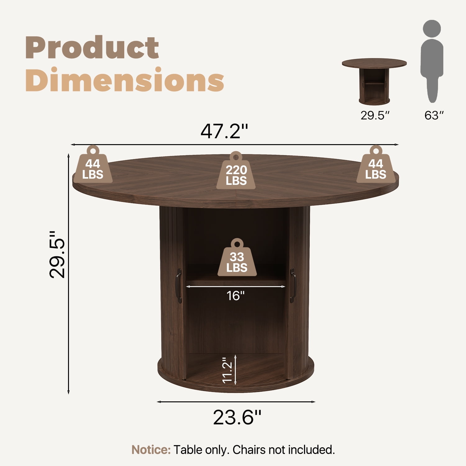 BaPiPro 47-Inch Large Round Dining Table for 4 Person, Modern Farmhouse Kitchen Table with Hidden Storage for Dining Room, Rustic Brown