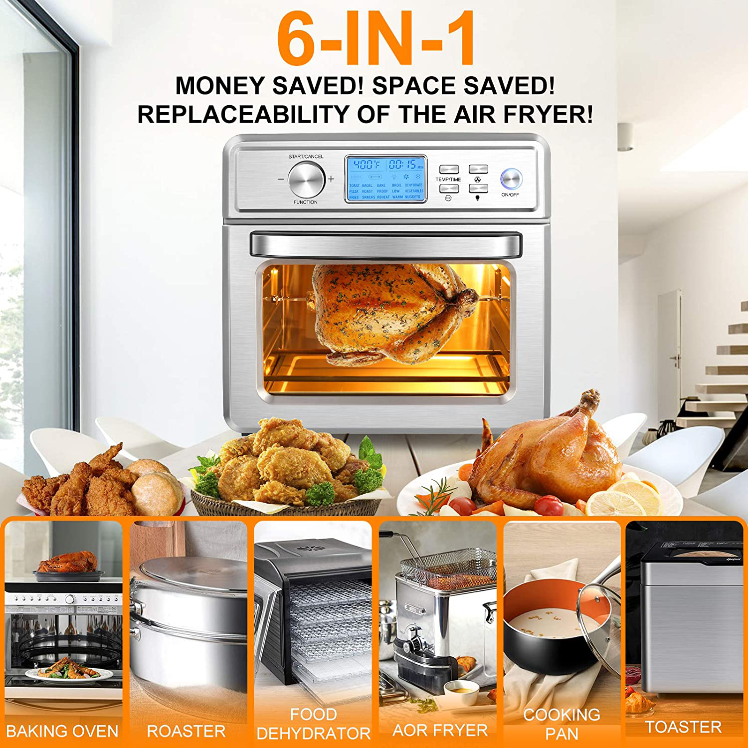 Nictemaw 24.5QT Air Fryer, 16-in-1 Air Fryer Oven, 1700W Electric Air Fryer Toaster Oven, Presets for Baking, with LED Display & Temperature/Time Dial, Roaster, Broiler, Rotisserie - image 3 of 11