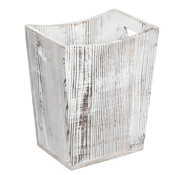 Rustic White Wooden Trash Can, Decorative Wastebasket with Cutout Handles, 11.8" Tall Small Garbage Bin for Bathroom, Bedroom, Office