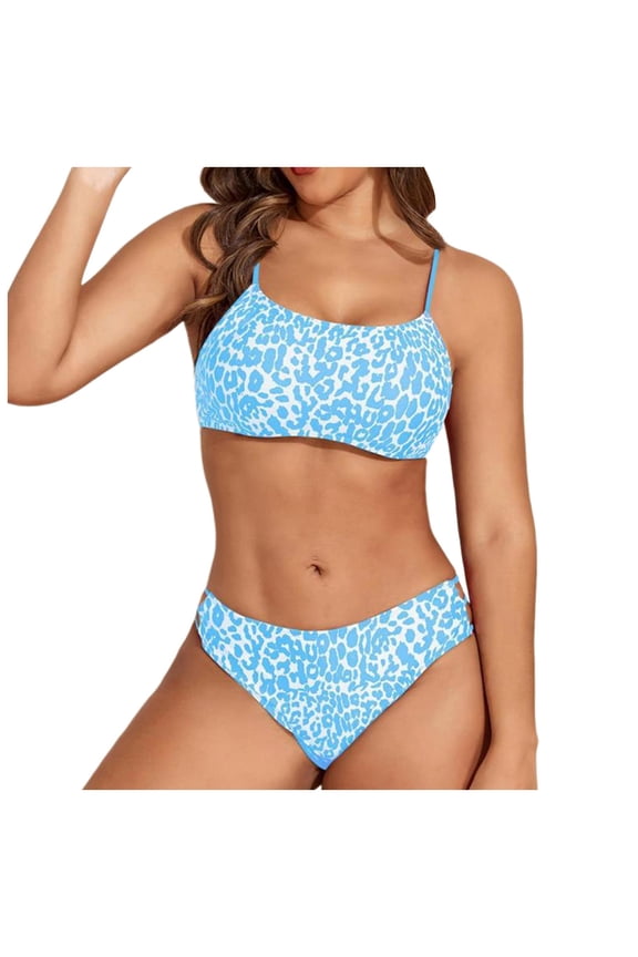 Women & Teen Girl's Bikini Sets Leopard Backless Cut Out Two Piece Bathing Suit Swimwear (Blue, S)
