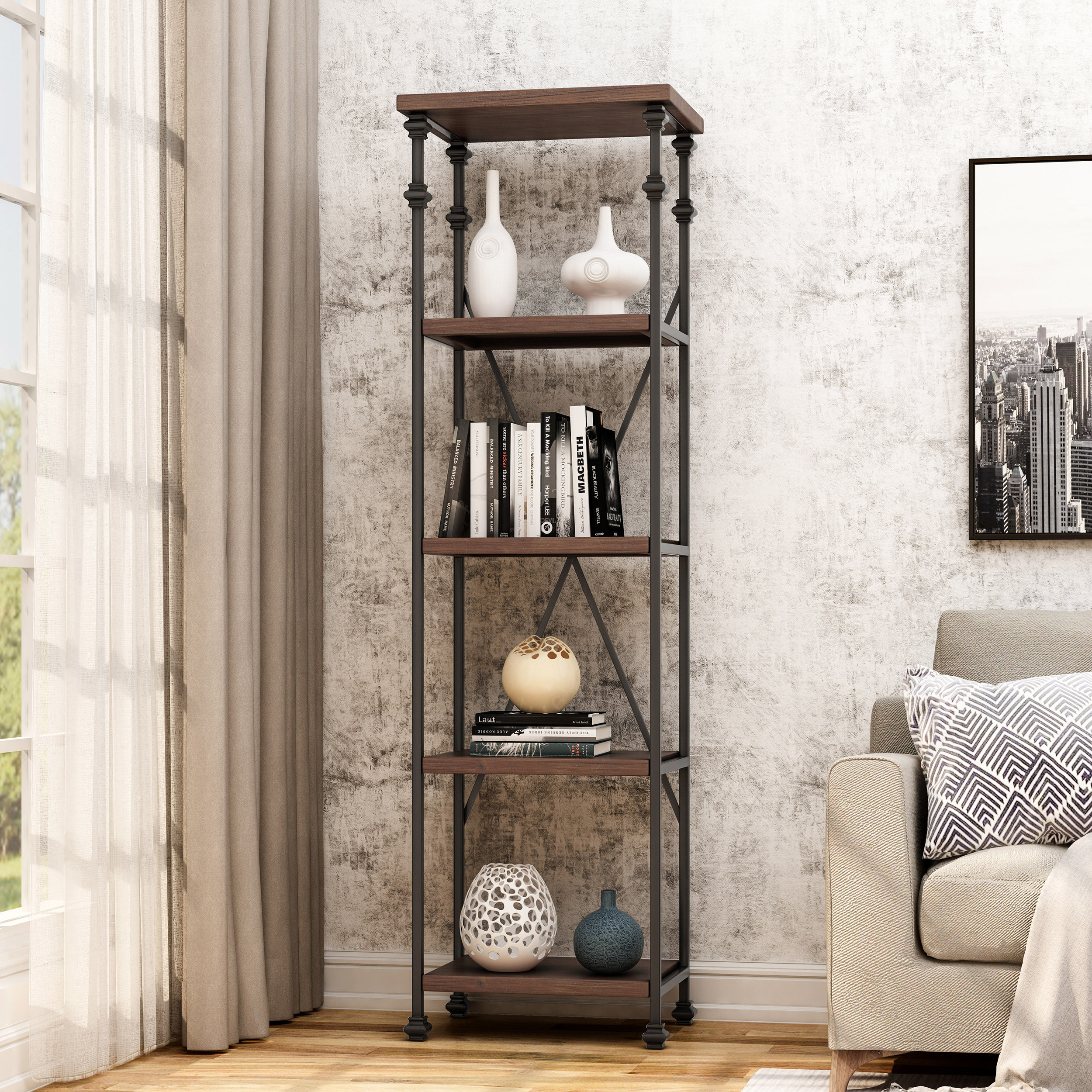 Annabelle Industrial Four Shelf Bookcase, Black and Dark Walnut Finish
