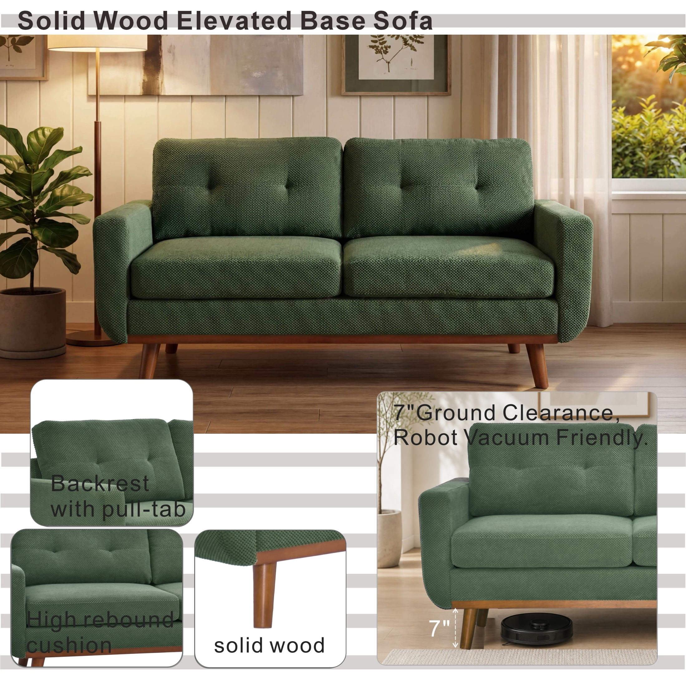 Noble House 65" Mid-Century Modern Loveseat Sofa, Nubby Upholstery, Solid Wood Legs, Dark Green