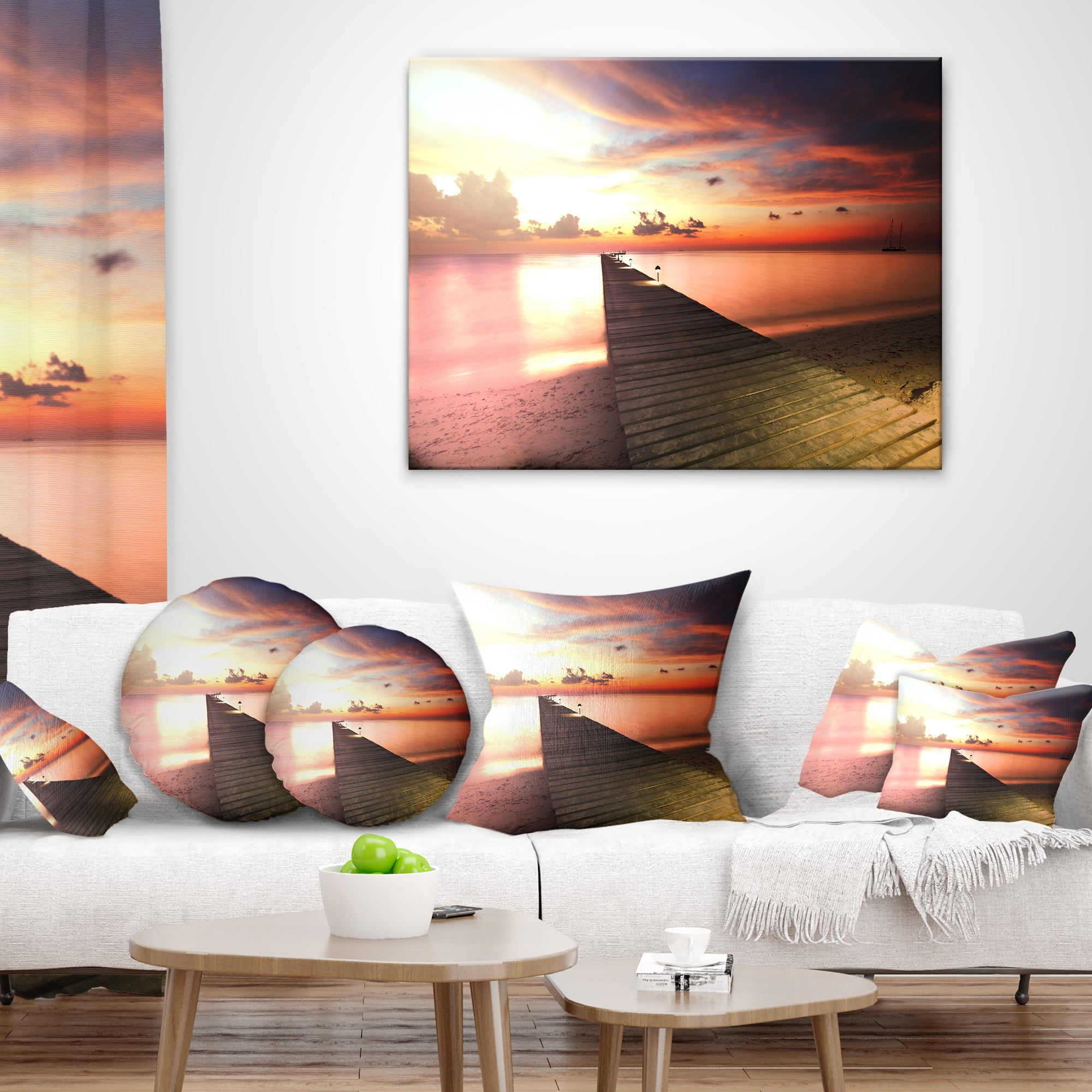 Designart Wooden Boardwalk into Colorful Sea - Bridge Throw Pillow - 16x16