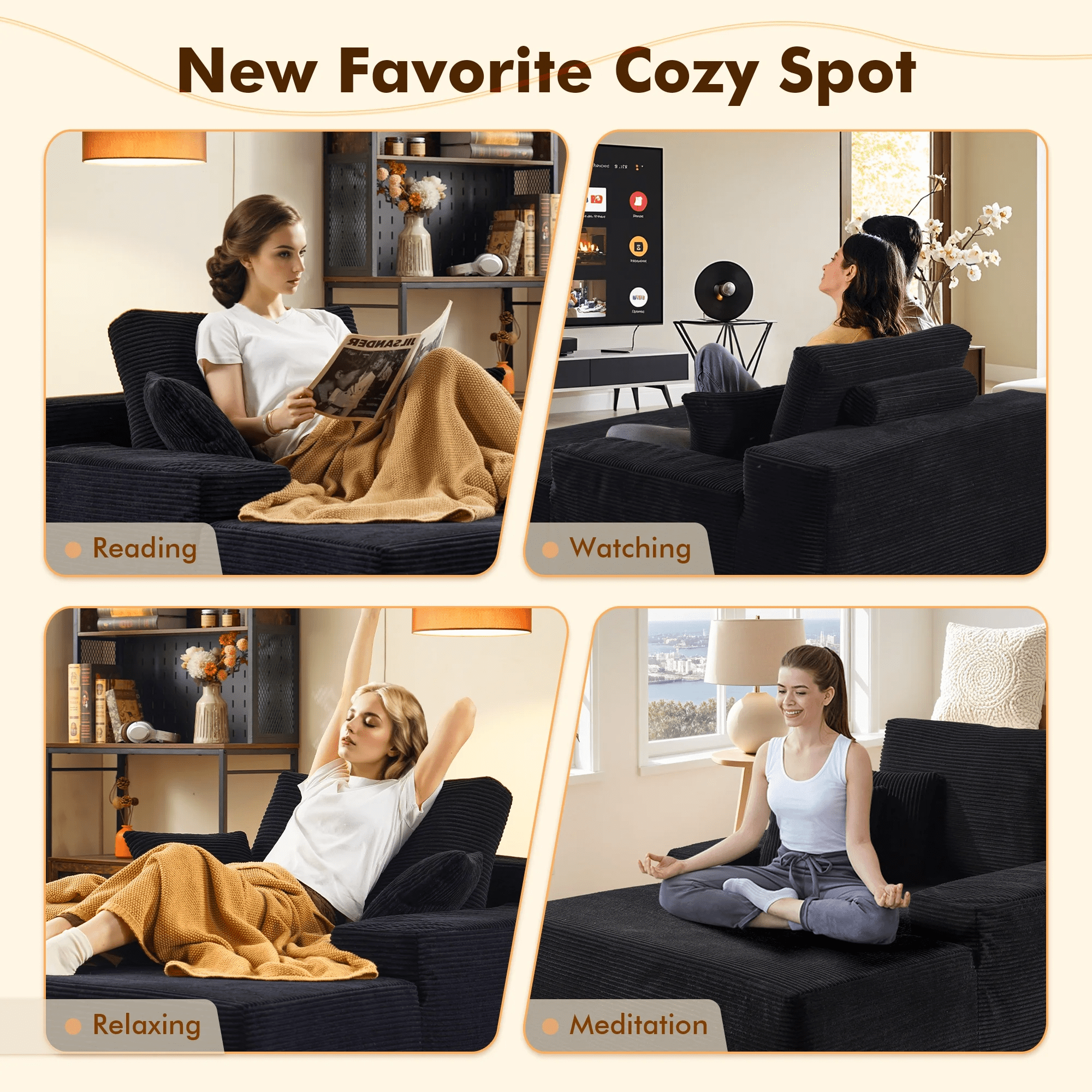 Vcatnet 67"x48" Chaise Lounge Chair Indoor Oversized Lounge Couch Upholstered Corduroy Sofa Bed for Living Room and Bedroom, Black