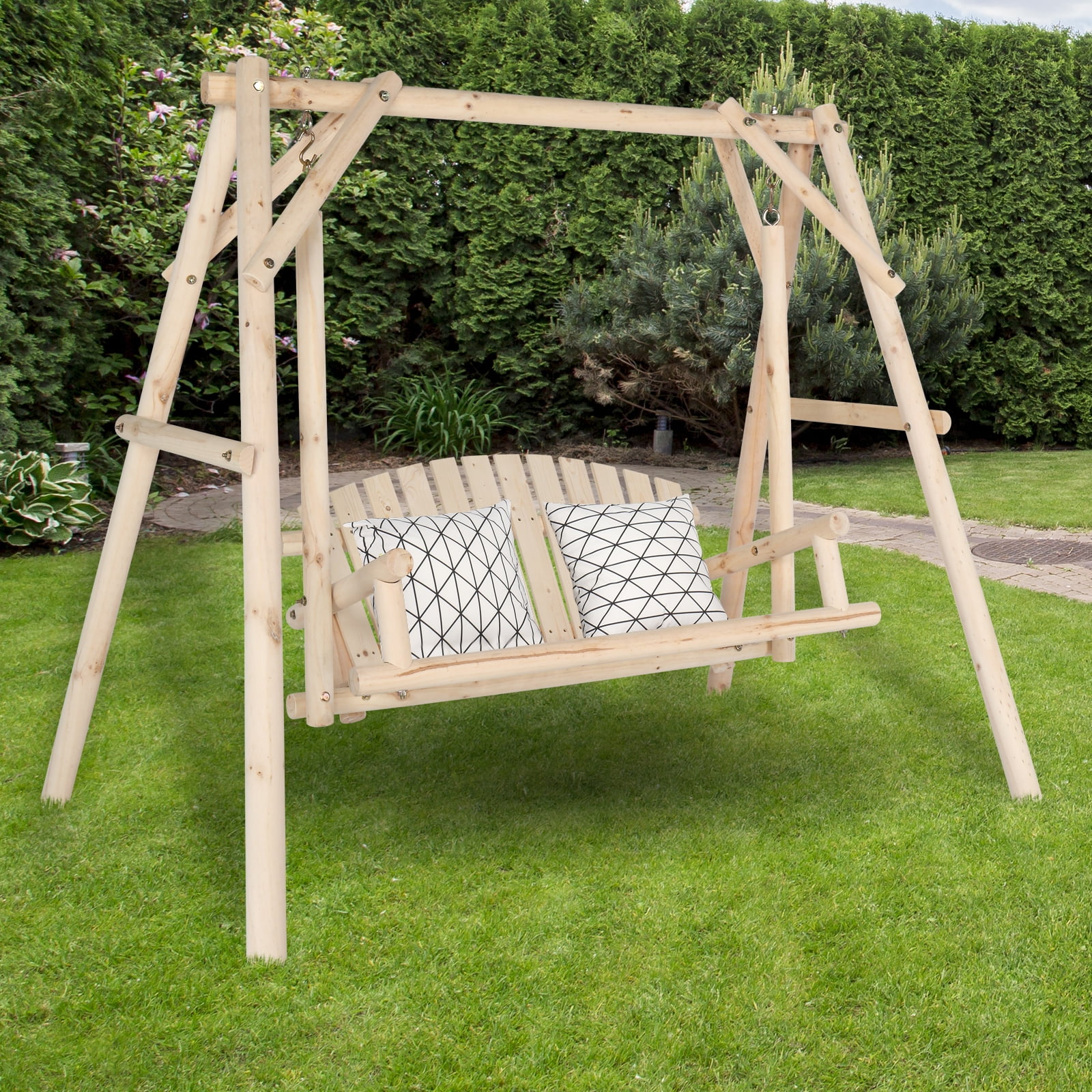 iTopRoad Outdoor Wooden Porch Swing Glider with Stand Hanging Swing 2