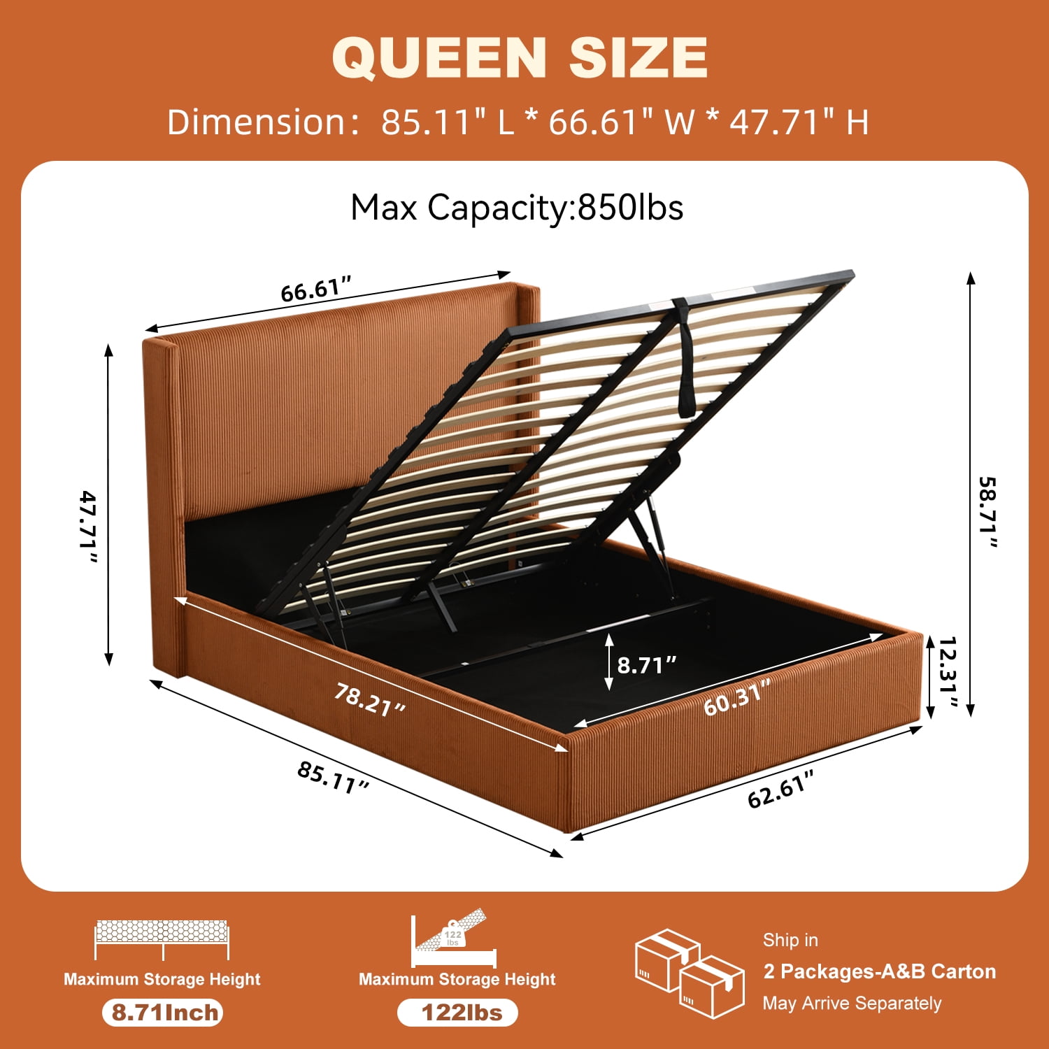 Queen Size Bed Frame with Lift Up Storage, Corduroy Upholstered Platform Bed with Wingback Headboard, No Box Spring Needed, Hydraulic Storage, Orange