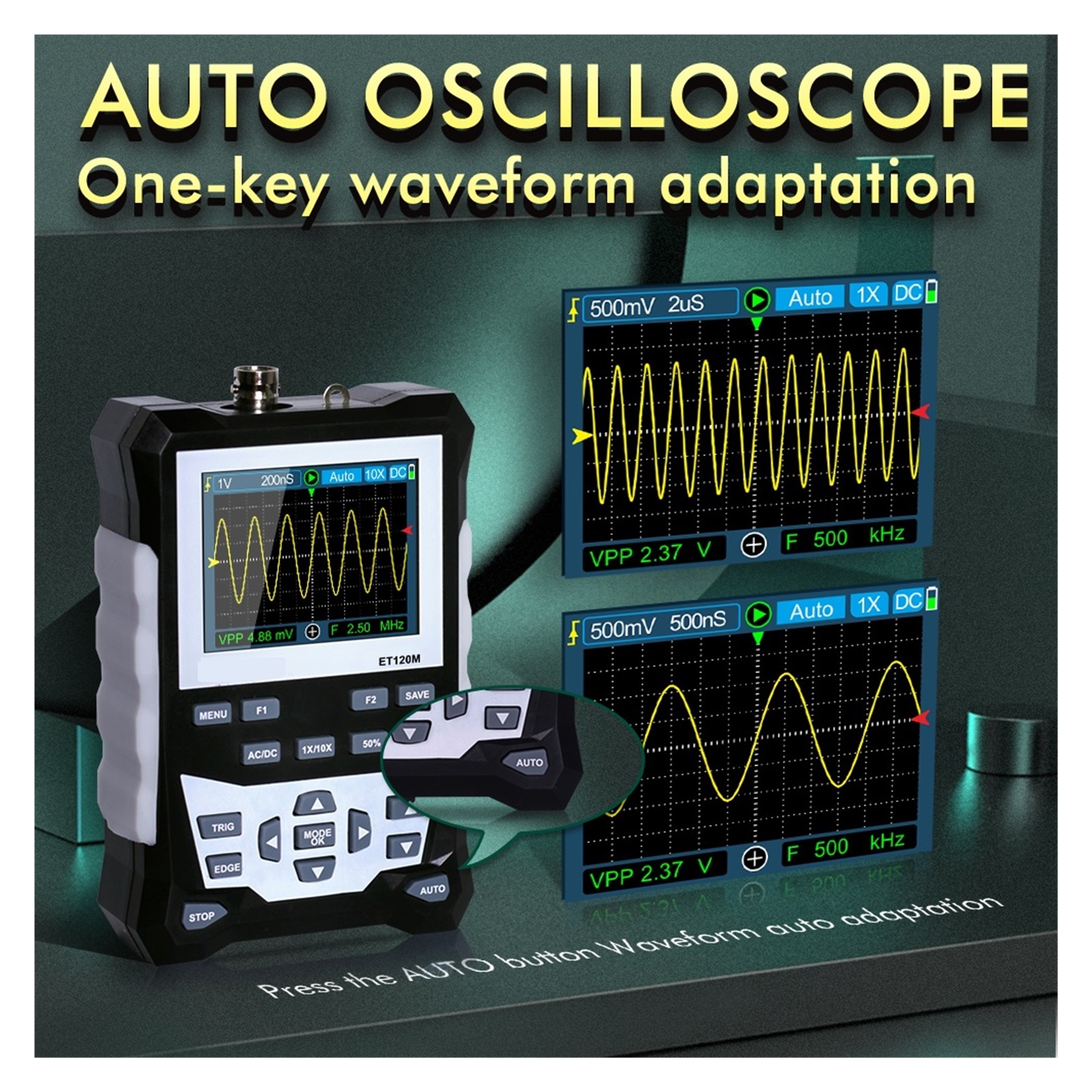 ET120M Digital Oscilloscope Professional 500MS/s 120MHz One Key Auto Laboratory Electrical Repair Portable Storage ,Professional Designed