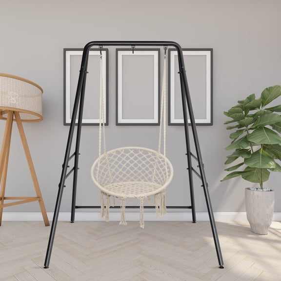 Heavy Duty Wrought Iron Hanging Chair Stand - 200kg Capacity 3-Ring Frame - Sturdy 4-Leg Base for Indoor/Outdoor Use