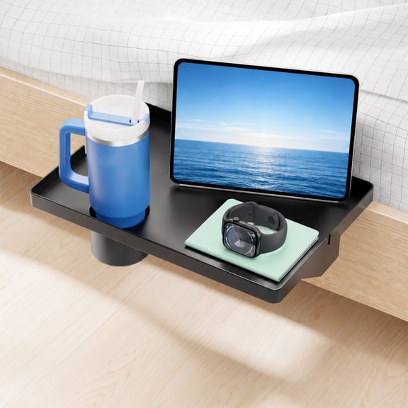 Finew Clip-on Nightstand with Cup Holder and Cable Holes, Bedside Shelf for Dorm and Bunk Beds, Black