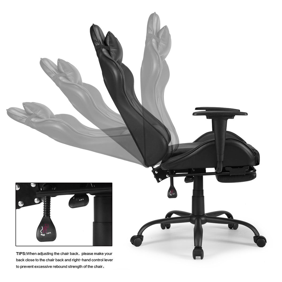 Kepooman Gaming Chair, Reclining Ergonomic Chair with Retractable Footrest - Black Kepooman Gaming Chair, Reclining Ergonomic Chair with Retractable Footrest - Black