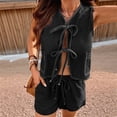 thumbnail image 5 of Women Tie Front Top 2 Piece Outfit Denim Set Sleeveless Deep V Neck Vest Jean Elastic Waist Shorts Sets Black & Gray S, 5 of 9