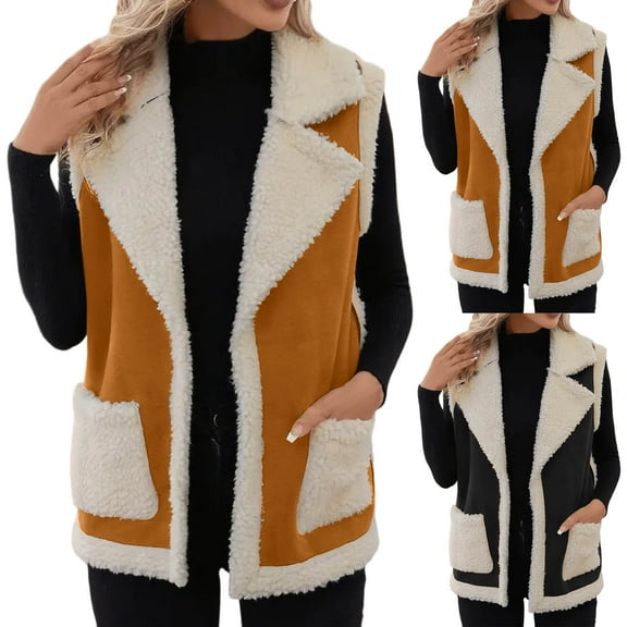 Juebong Women's Faux Fur Vest Sherpa Lined Casual Shaggy Parka Jackets Cashmere Baggy Warm Winter Cardigan Outwear with Pockets Black,M