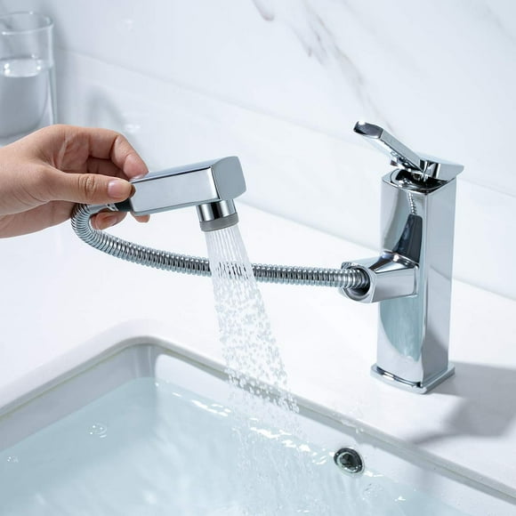KAIYING Pull Down Bathroom Sink Faucet Modern Lavatory Vessel Sink Faucet Utility Single Hole Bathroom Sink Faucet with Pull Out Sprayer Commercial Basin Mixer Tap (Regular Chrome)