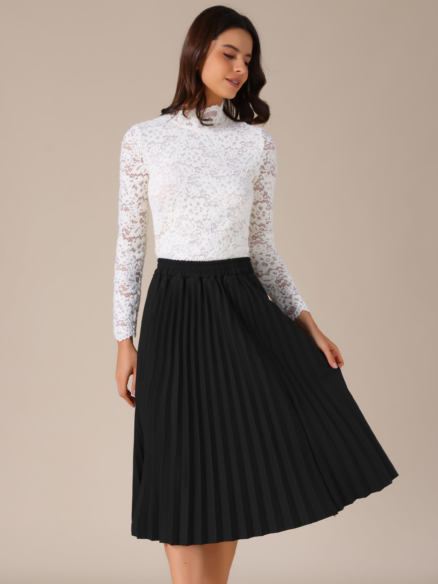 DARING DIVA Women's Pleated Midi Elastic A-Line Swing Flowy Long Skirts X-Large Black