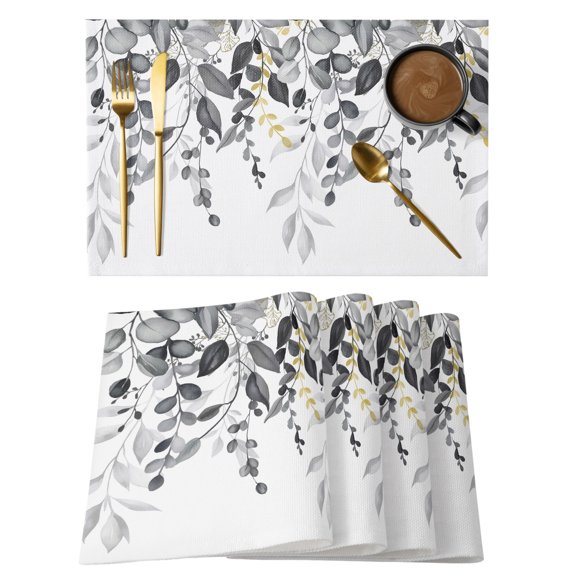 Grey Eucalyptus Leaf Placemats Set of 8, Spring Country Farmhouse Plants Leaves Non-Slip Place Mats Washable Table Mats for Kitchen Dining Table Decorations Indoor/Outdoor
