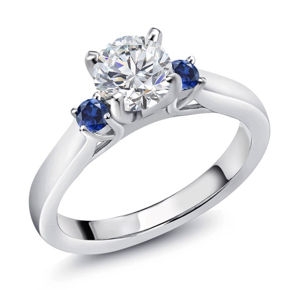 Gem Stone King 925 Sterling Silver Lab Grown Diamond and Blue Created Sapphire Engagement Ring for Women | 0.84 Cttw | Round 6MM | Gemstone April Birthstone | Size 7